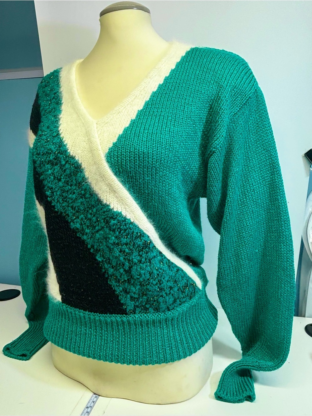 VTG 80s 90s Geometric Colorblock Emerald Textured Knit Sweater Faux Wrap M